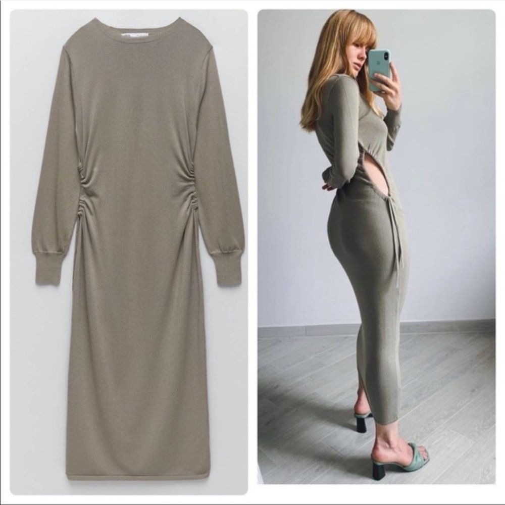Zara khaki green knit dress with side slits, NWT, S